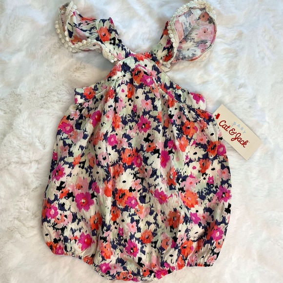 Cat & Jack Floral Romper Baby Infant 0-3M Pink Orange Gray White New with Tags - Picture 1 of 7